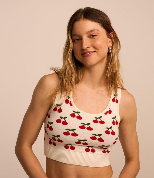 Blusa Cropped Sem Manga em Tricô com Estampa de Cereja - 1