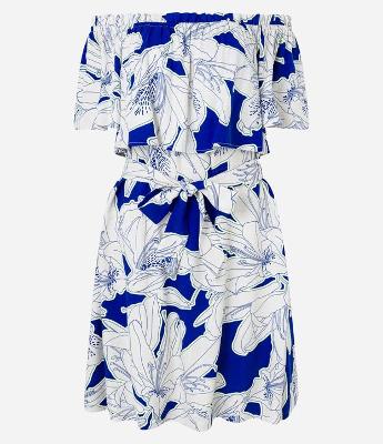 Vestido Curto Ombro a Ombro em Twill com Flores Estampadas