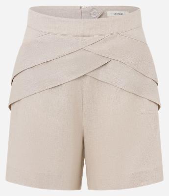 Short em Viscolinho Cintura Alta com Foil e Pregas Diagonais