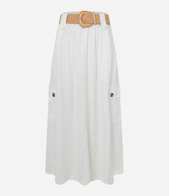 Saia Midi em Viscolinho Com Cinto de Ráfia e Bolsos Cargos