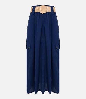 Saia Midi em Viscolinho Com Cinto de Ráfia e Bolsos Cargos