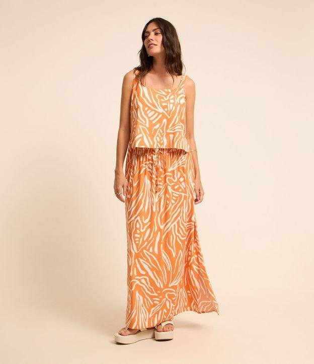 Saia Reta Longa em Viscolinho com Folhagens Tribais Estampadas - 1