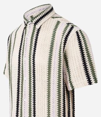 Camisa em Crochê Rustico com Textura e Listras Contrastantes