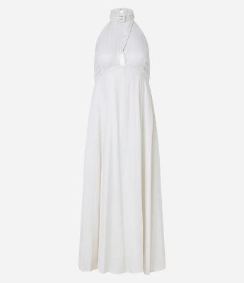 Vestido Midi Evasê em Viscose com Foil Gola Diferenciada e Cava Americana