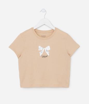 Camiseta Curta Infantil com Bordado Laço em Paetês - Tam 5 a 14 Anos