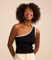 Blusa em Tricô com Um Ombro Só e Viés Contrastante - 2