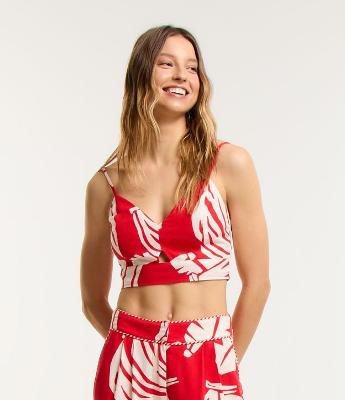 Blusa de Alça Cropped em Viscose e Linho com Estampa de Bananas