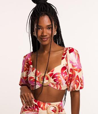 Blusa Cropped em Viscose e Linho com Estampa de Folhagens