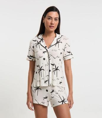 Pijama Short Doll  Curto Com Estampa Coqueiros e Canoas