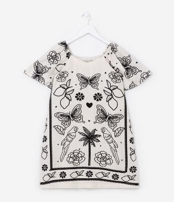 Vestido Infantil com Estampa Borboletas e Araras - Tam 5 a 14 Anos