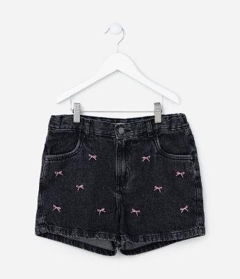Short Infantil em Jeans com Bordado de Laços - Tam 5 a 14 Anos