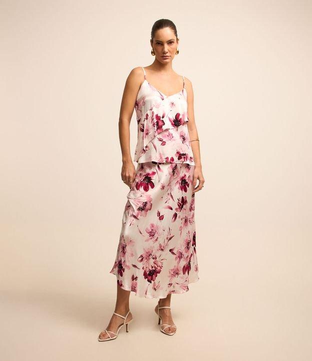 Saia Slip Evasê em Tecido Acetinado com Flores Estampadas - 2