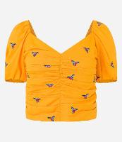 Blusa Cropped em Viscolinho com Manga Bufante e Bordado de Araras - 1