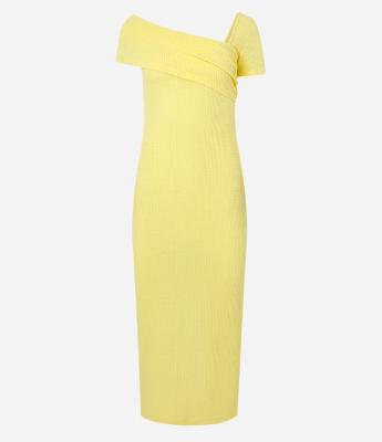 Vestido New Midi Texturizado com Decote Assimétrico e Pala Virada