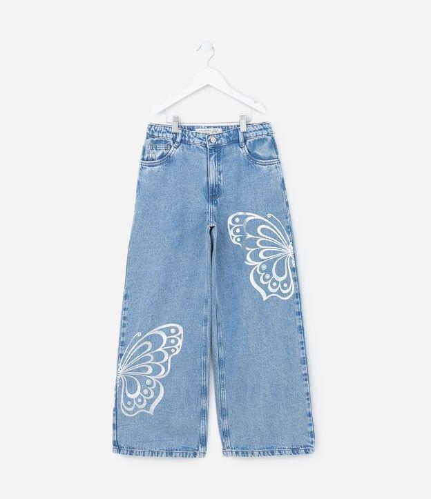 Calça Wide Leg Infantil em Jeans com Borboletas Estampadas - Tam 5 a 14 anos - 1
