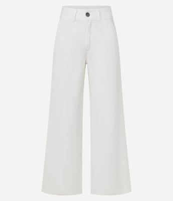 Calça Wide Leg em Sarja com Bordado Floral na Perna