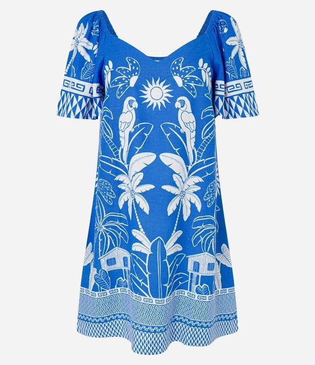 Vestido Curto em Viscolinho com Decote V e Estampa  Tropical - 1