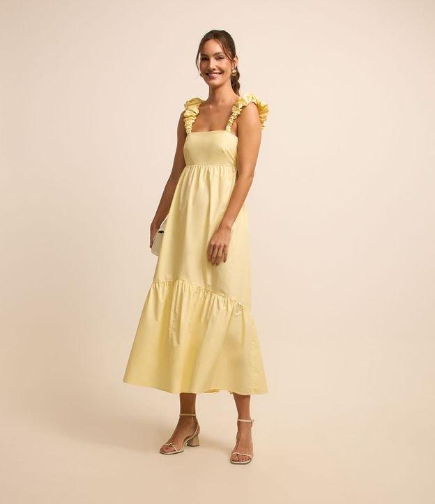 Vestido Evasê Midi em Tricoline com Alça Larga Franzida - 2