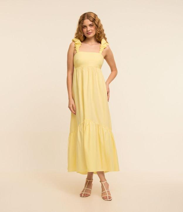 Vestido Evasê Midi em Tricoline com Alça Larga Franzida - 3
