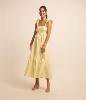 Vestido Evasê Midi em Tricoline com Alça Larga Franzida - 2