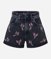 Short Mom Jeans com Bordadinhos de Tucanos - 1