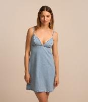 Vestido Curto Sem Manga em Jeans com Brilho no Busto - 1