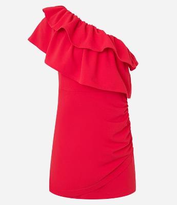 Vestido Curto Ombro Só a em Crepe com Babados