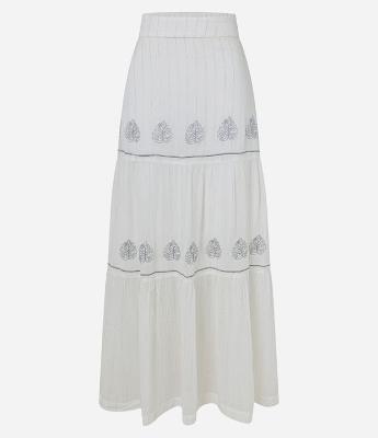 Saia Longa em Viscose com Bordados de Folhas e Fio Brilhoso