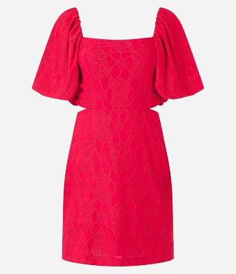 Vestido Evasê Manga Bufante em Laise com Flores Texturizadas