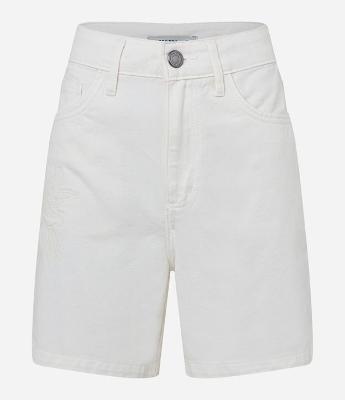 Short Cintura Alta em Sarja com Aplicação e Bordado de Flor