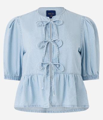 Blusa Peplum em Jeans com Lacinhos e Manga Bufante