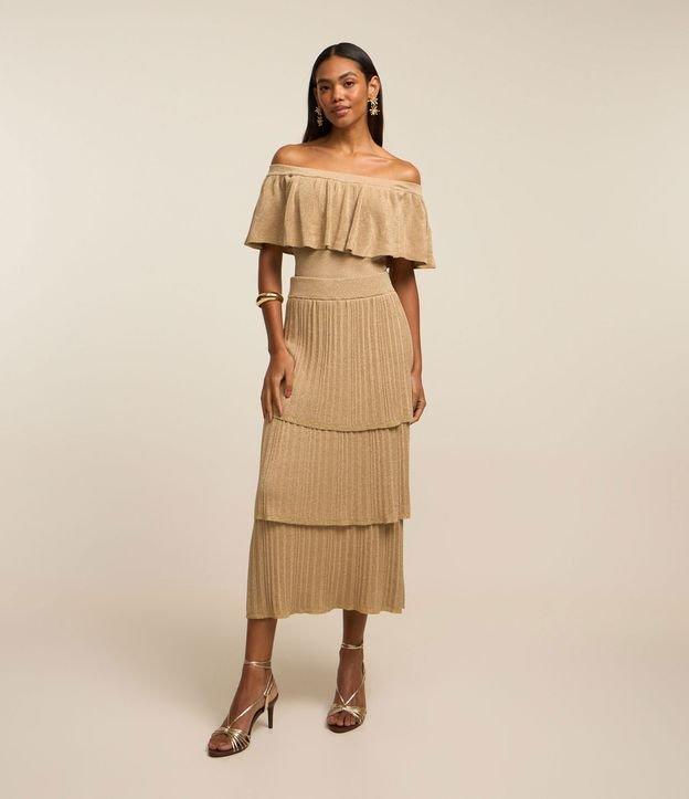 Saia Reta Midi em Viscose com Fio Metalizado e Sobreposições - 2