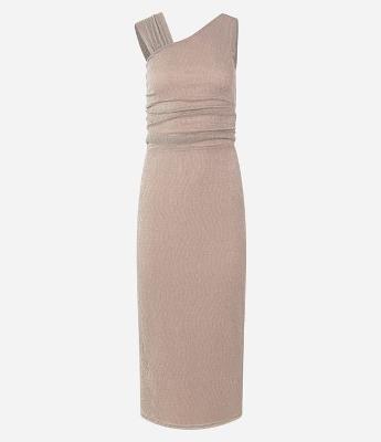 Vestido Reto Midi em Tule com Brilho e Alças Diferentes