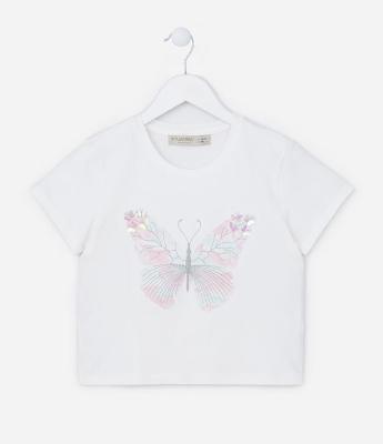 Camiseta Curta Infantil com Bordado Borboleta - Tam  5 a 14 Anos