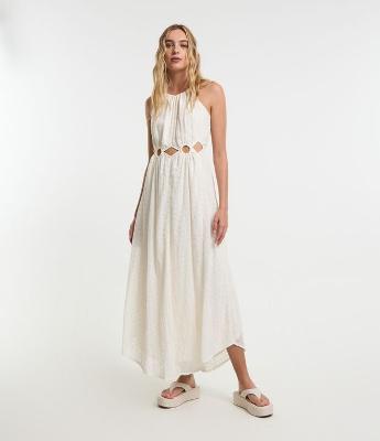 Vestido New Midi em Crepe com Bordado e Recorte Vazado na Cintura