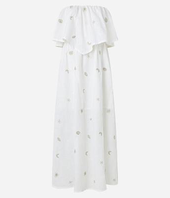 Vestido Evasê Tomara Que Caia em Voil com Bordados em Foil