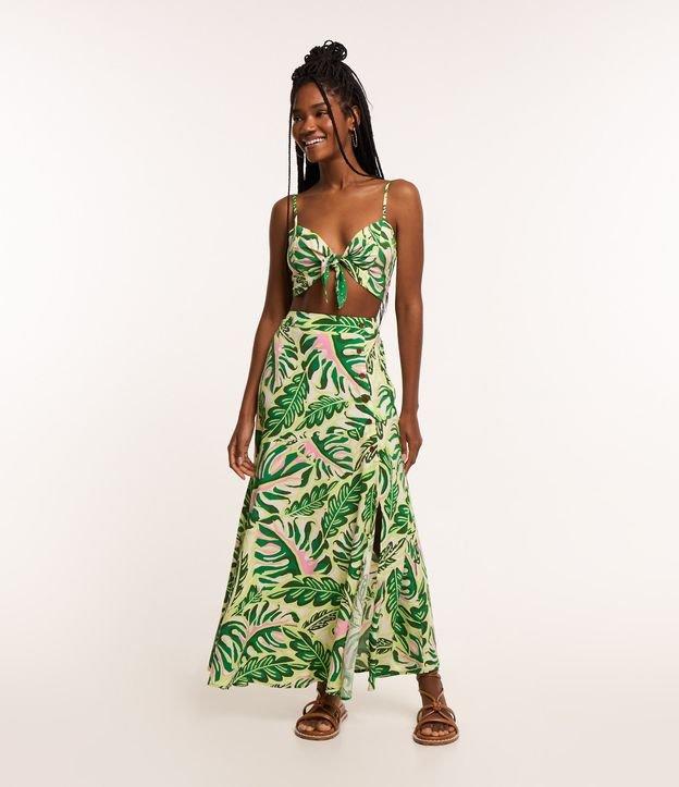 Saia New Midi em Viscose com Botões e Folhagens Estampadas - 1