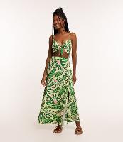 Saia New Midi em Viscose com Botões e Folhagens Estampadas - 1