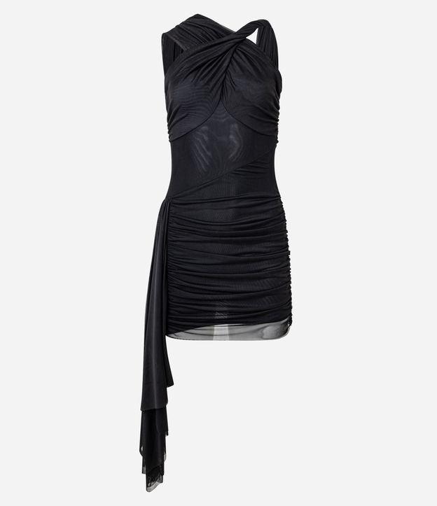 Vestido Curto em Tule com Decote Cruzado e Alça Pendurada - 1