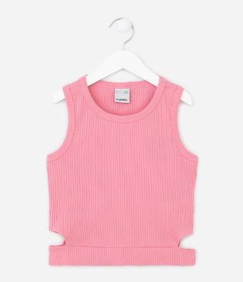 Regata Cropped Infantil Canelada com Recortes Laterais - Tam 5 a 14 anos