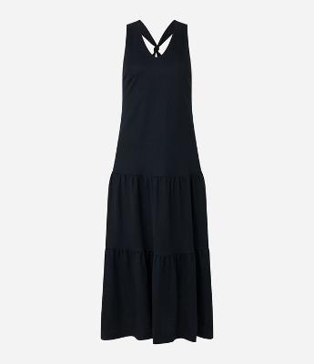 Vestido Evasê Midi em Piquet com Alça Cruzada com Nó