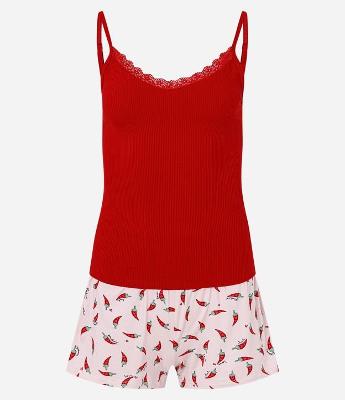 Pijama Short Doll Alcinha com Estampa Pimentinhas e Decote em Renda