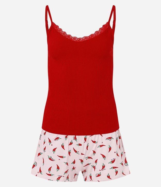 Pijama Short Doll Alcinha com Estampa Pimentinhas e Decote em Renda - 1