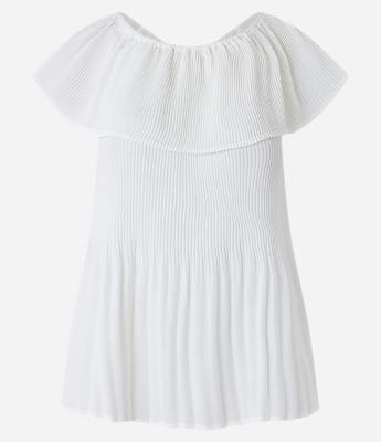 Blusa Ombro a Ombro em Chiffon Plissado Irregular