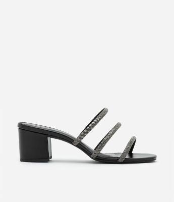 Sandália Mule em PU com Tiras com Strass