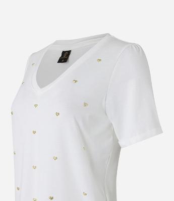 Blusa em Viscose com Decote V e Corações Metalizados