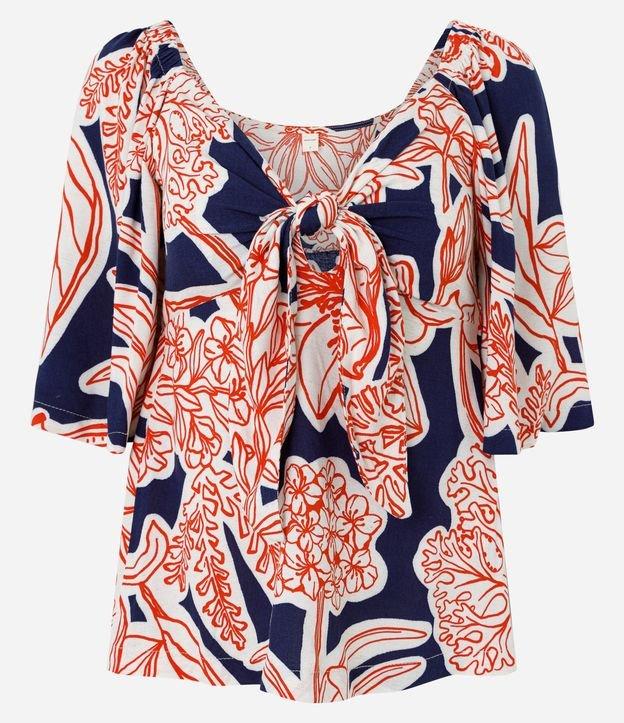 Blusa em Viscolinho com Nó de Decote e Folhagens Estampadas - 1