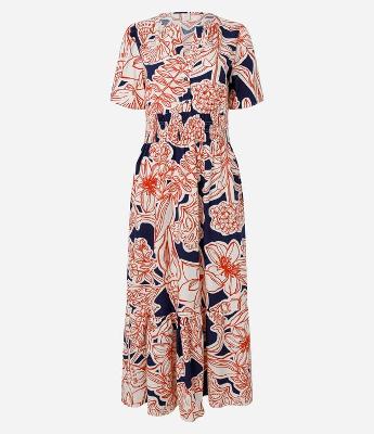 Vestido Evasê Long Midi em Tricoline com Folhagens Estampadas