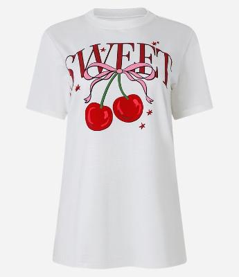 Camiseta Alongada em Algodão com Estampa Cereja Sweet