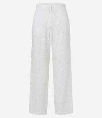 Calça Reta Cintura Alta em Laise com Cós Alfaiatado e Bordados